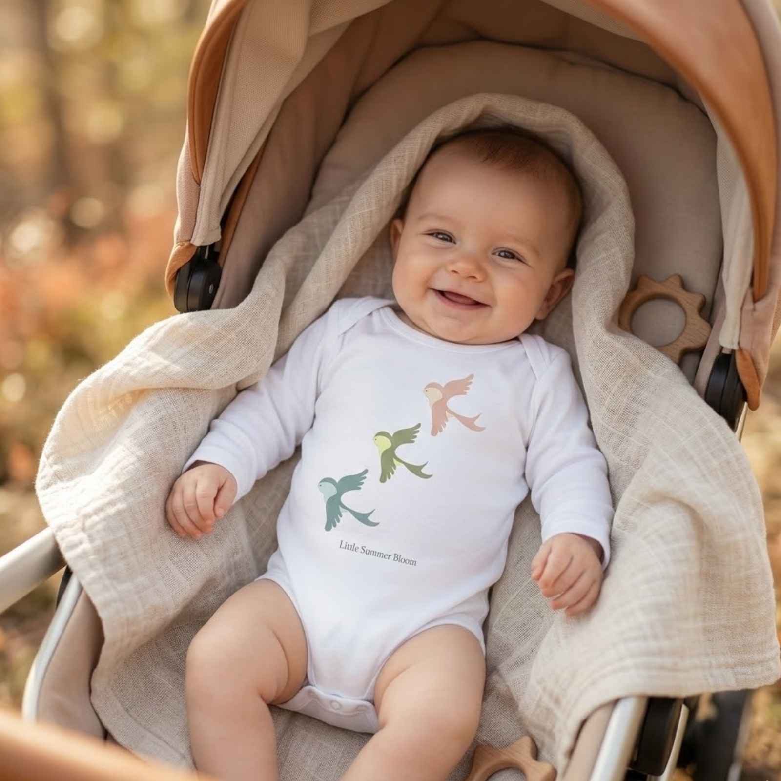 Baby wearing the birdsong bodysuit in white (0–6 months) with hand-drawn illustration by Justmimmi
