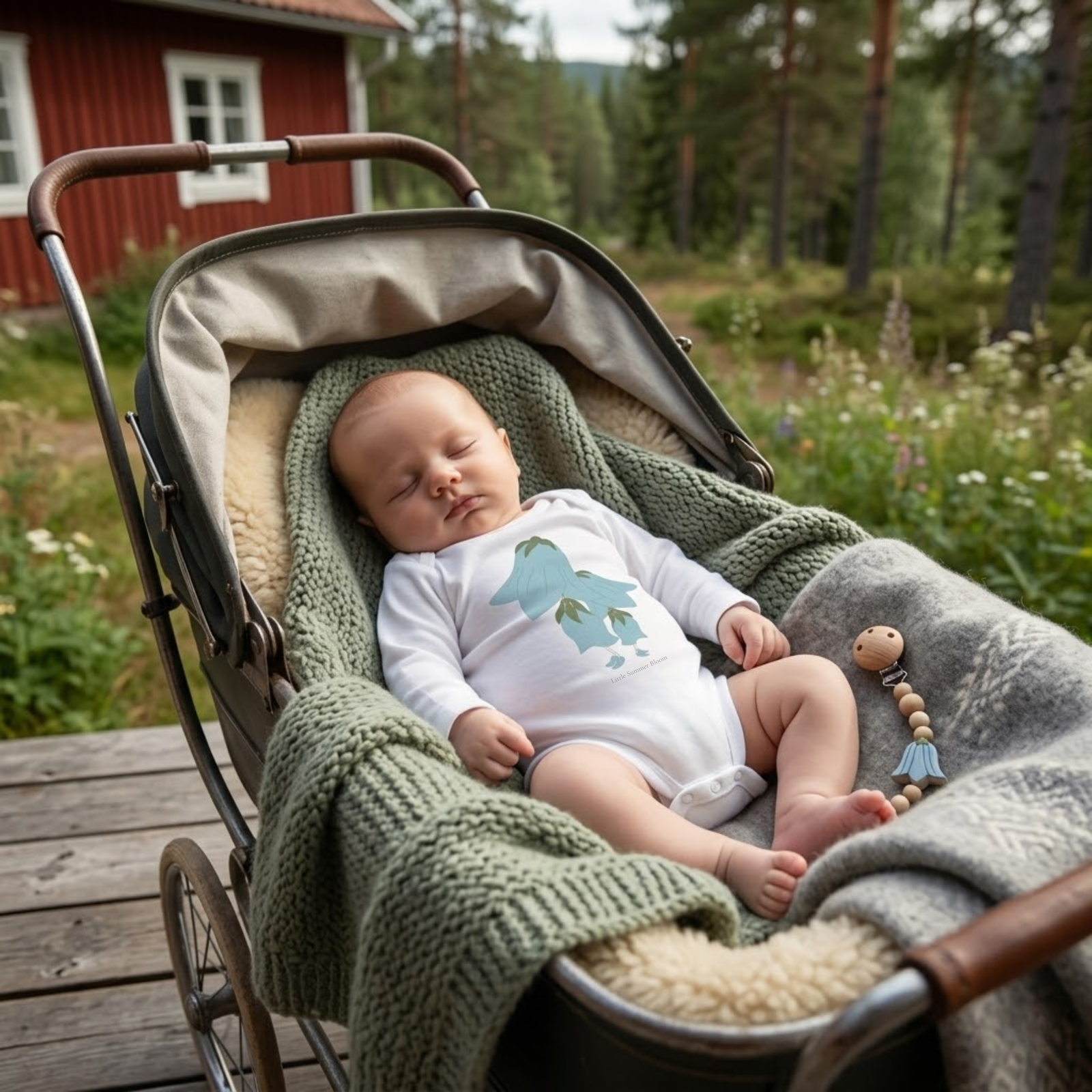 Baby wearing the bluebellbodysuit in white (0–6 months) with hand-drawn illustration by Justmimmi