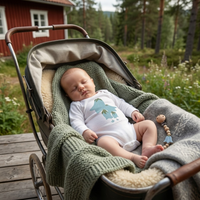 Baby wearing the bluebellbodysuit in white (0–6 months) with hand-drawn illustration by Justmimmi