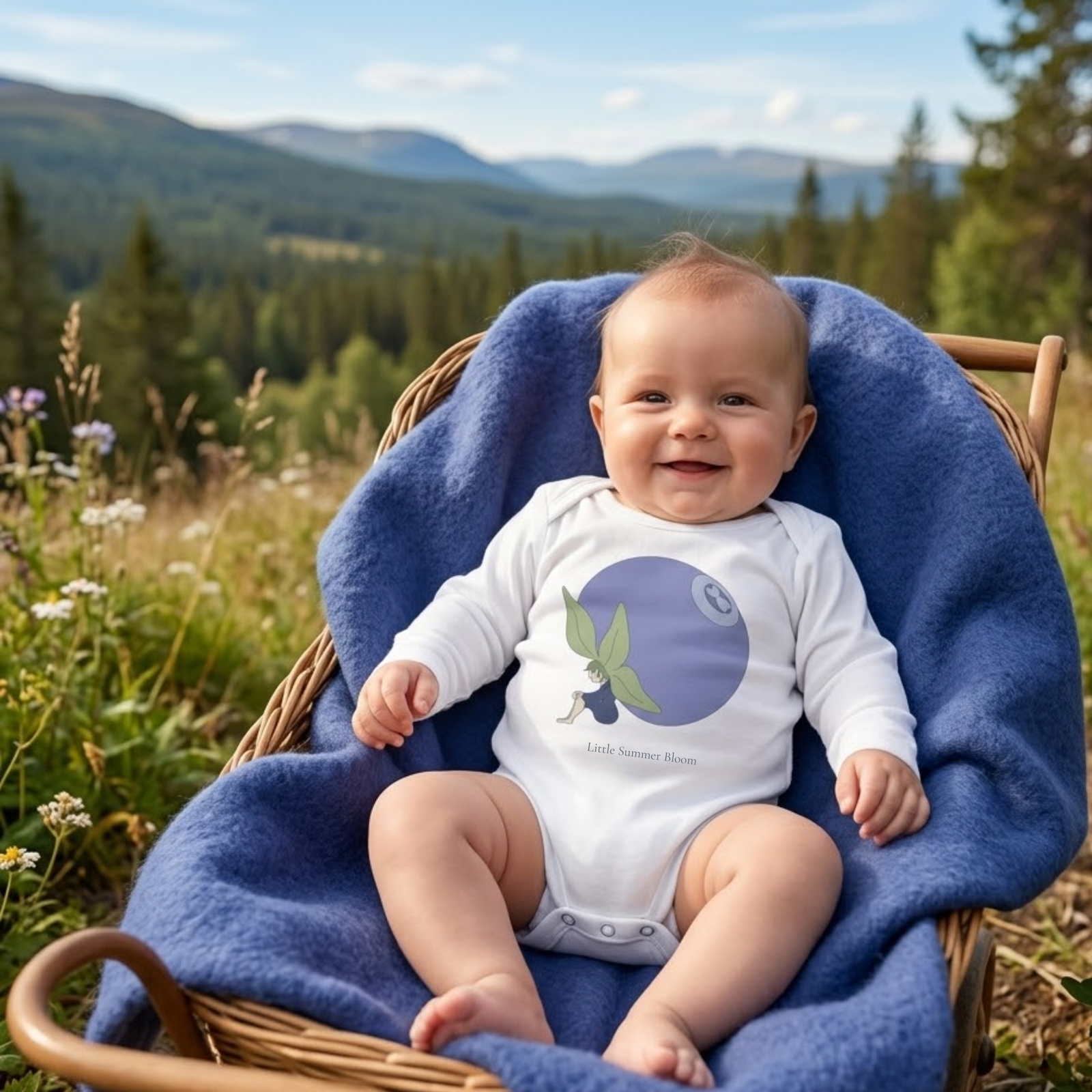 Baby wearing the blueberry-fairybodysuit in white (0–6 months) with hand-drawn illustration by Justmimmi