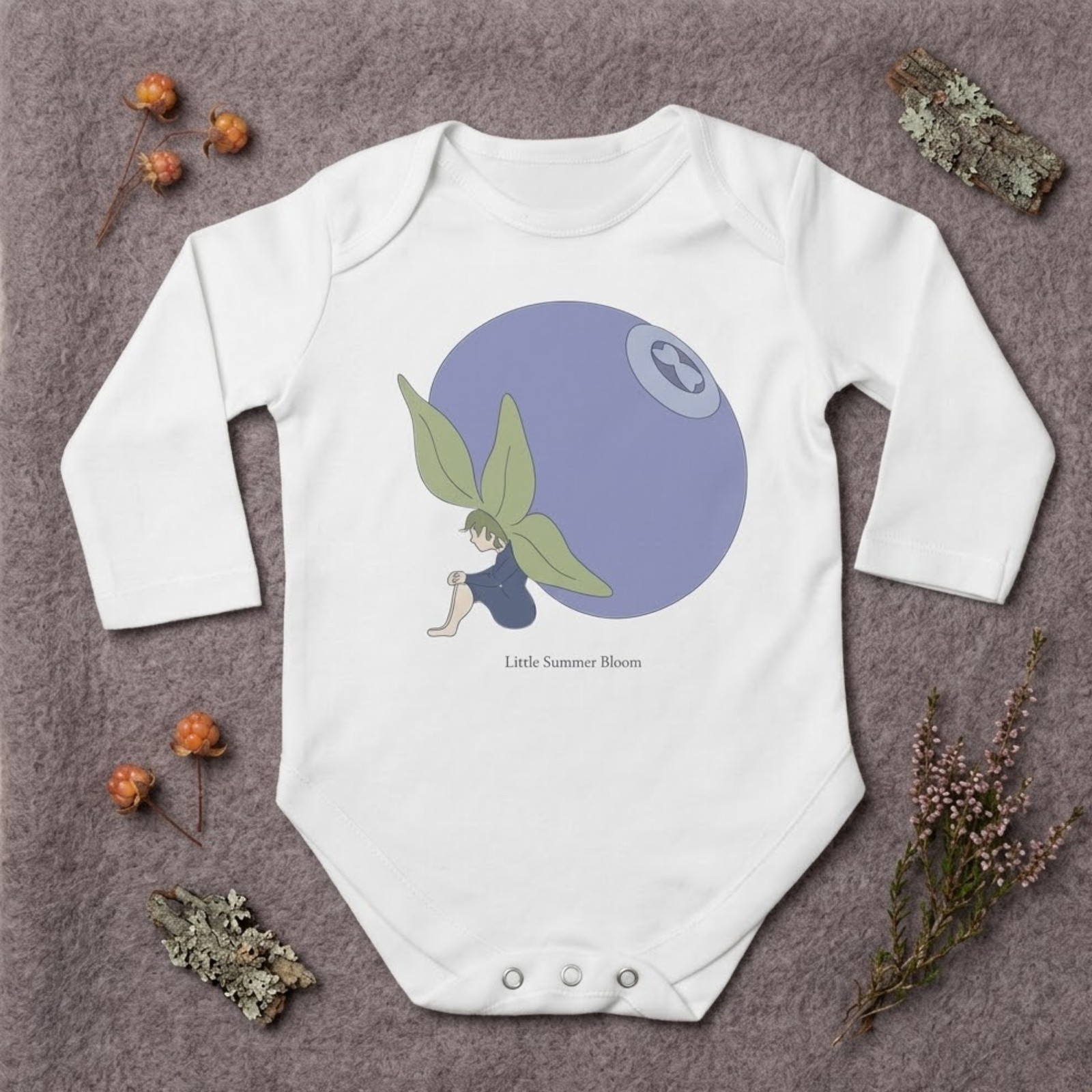 Blueberry Fairy baby bodysuit in white (0–6 months) with hand-drawn illustration from the Bloom collection by Justmimmi