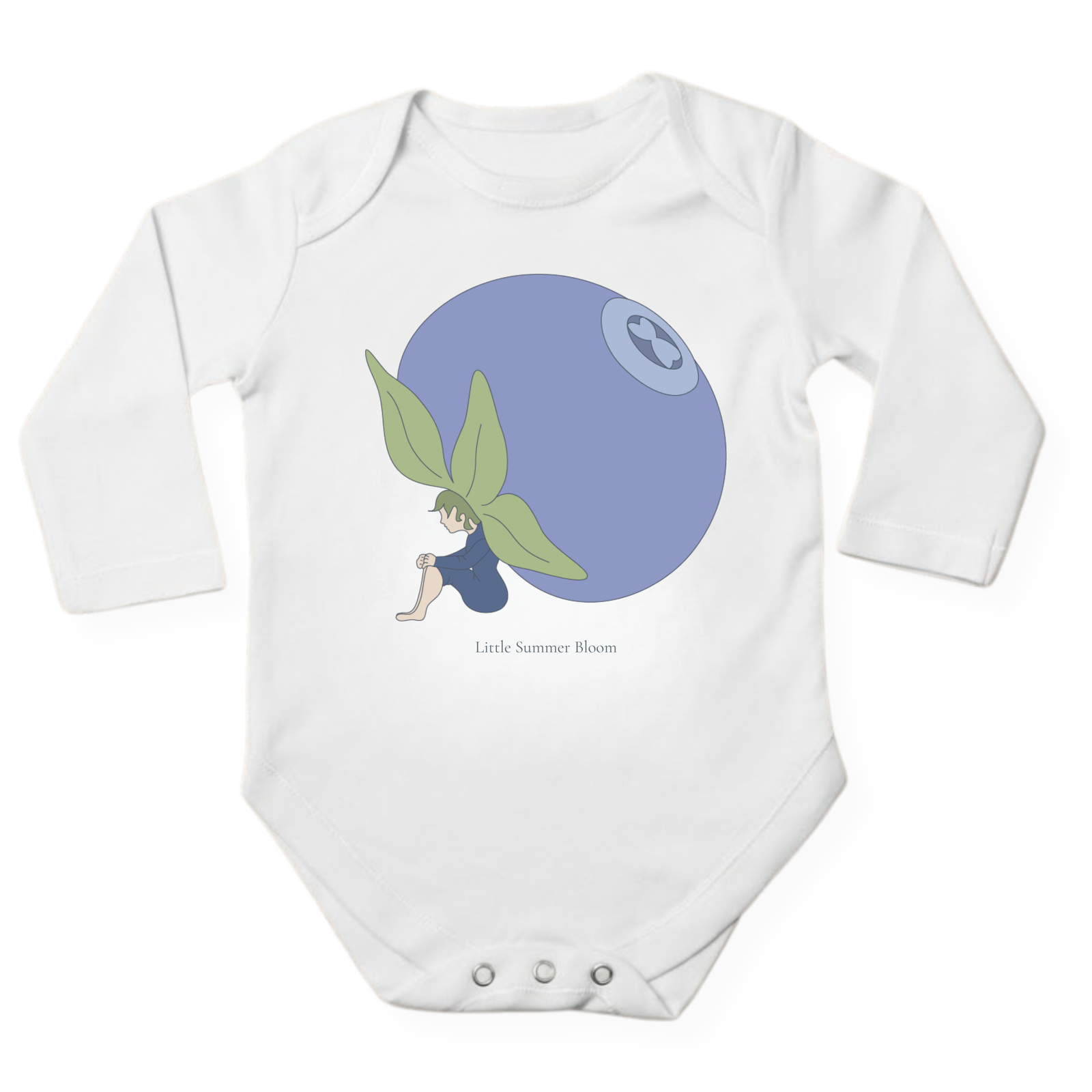 Blueberry Fairy baby bodysuit in white (0–6 months) with hand-drawn illustration by Justmimmi