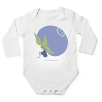 Blueberry Fairy baby bodysuit in white (0–6 months) with hand-drawn illustration by Justmimmi
