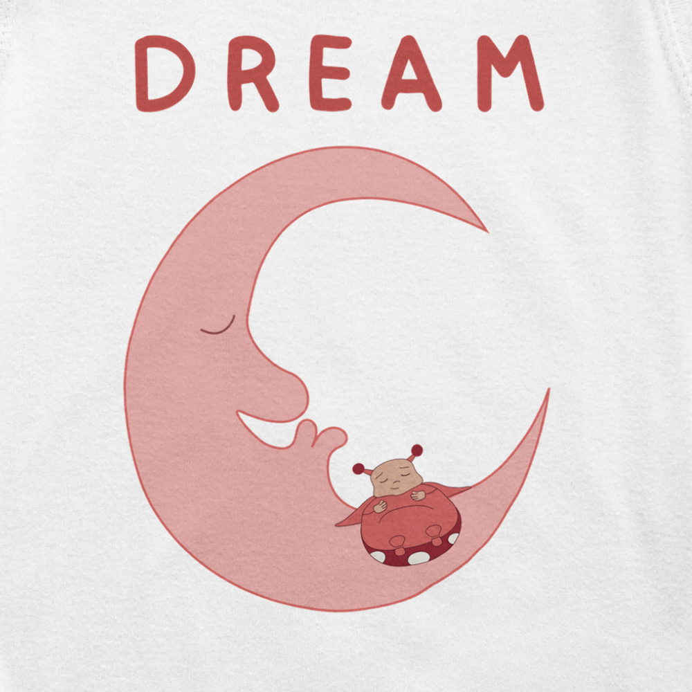 Close-up of the DREAM print on white baby bodysuit by Justmimmi