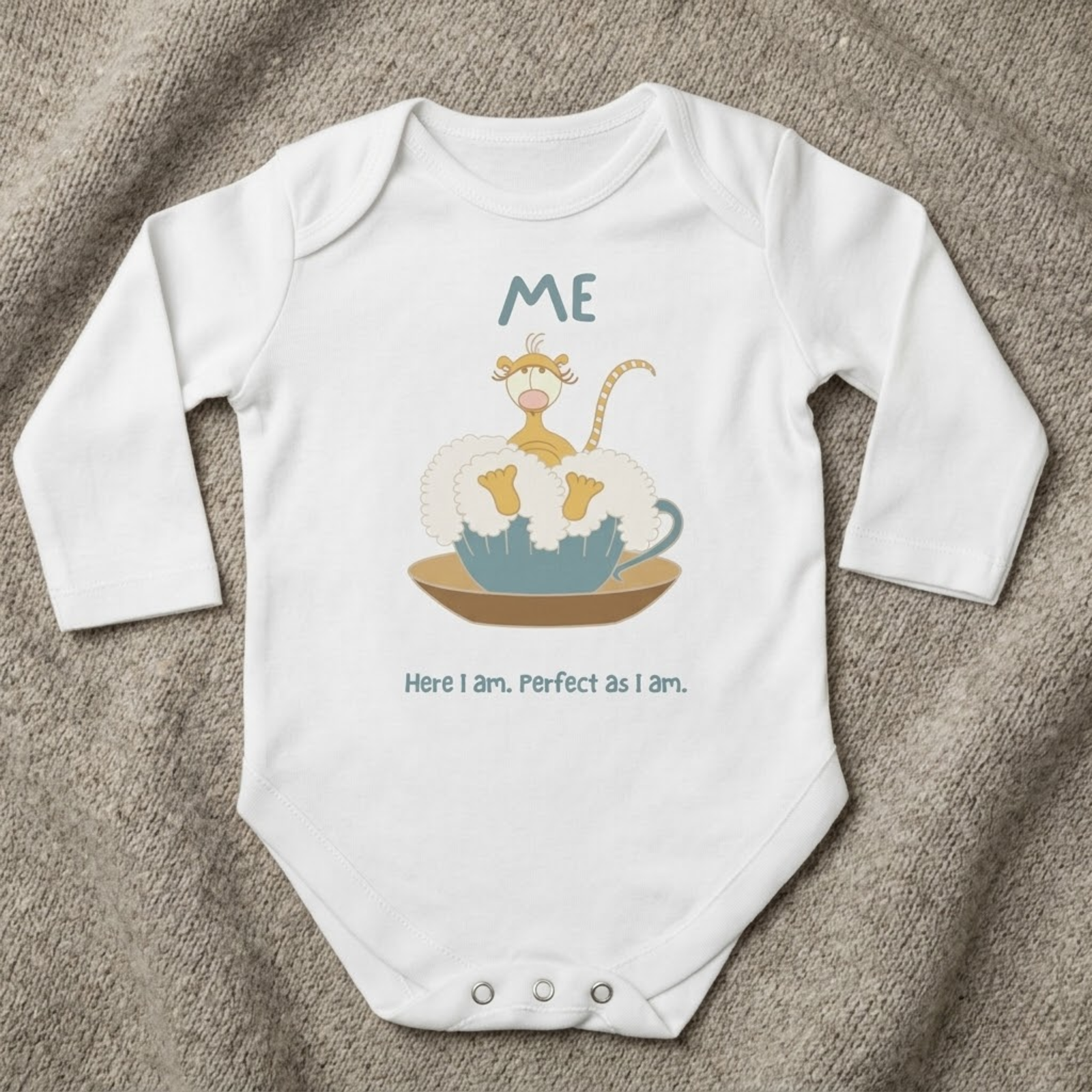 ME baby bodysuit in white (0–6 months) with hand-drawn illustration from the Bloom collection by Justmimmi