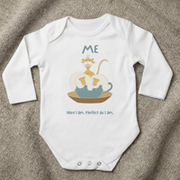 ME baby bodysuit in white (0–6 months) with hand-drawn illustration from the Bloom collection by Justmimmi
