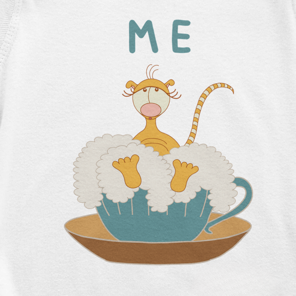 Close-up of the ME print on white baby bodysuit by Justmimmi