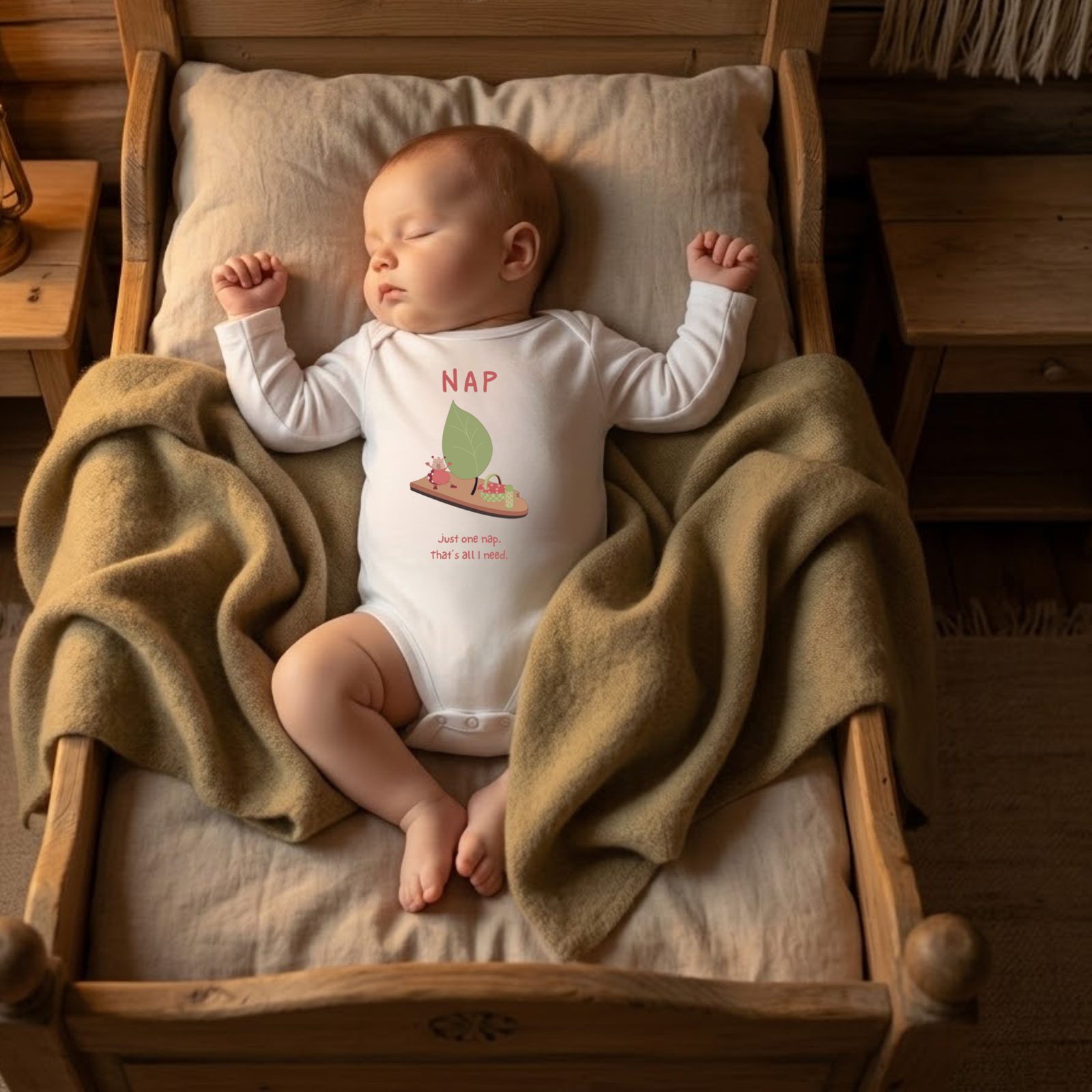 Baby wearing the NAP bodysuit in white (0–6 months) with hand-drawn illustration by Justmimmi