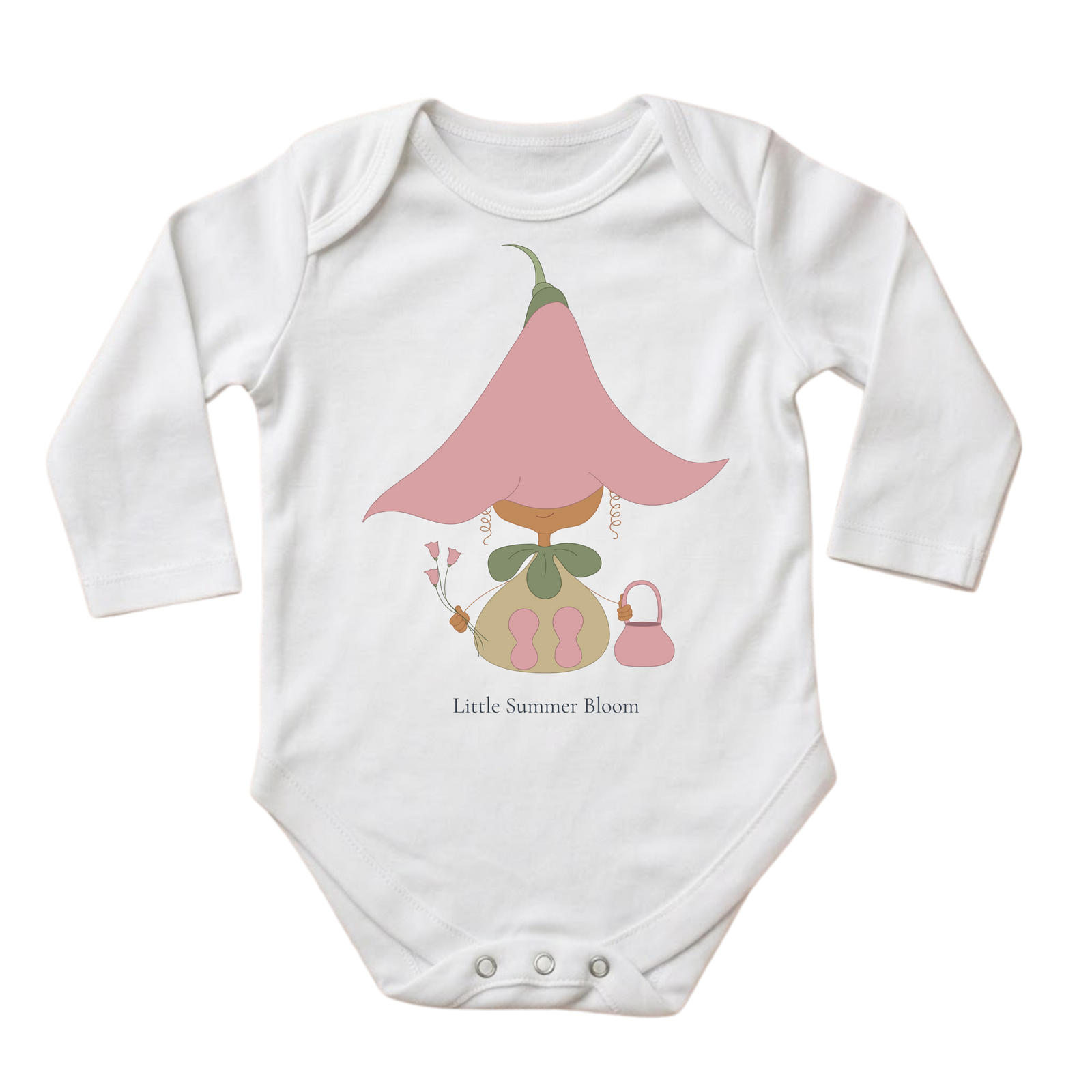 Twinflower bodysuit in white (0–6 months) with hand-drawn illustration by Justmimmi