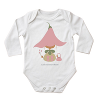 Twinflower bodysuit in white (0–6 months) with hand-drawn illustration by Justmimmi