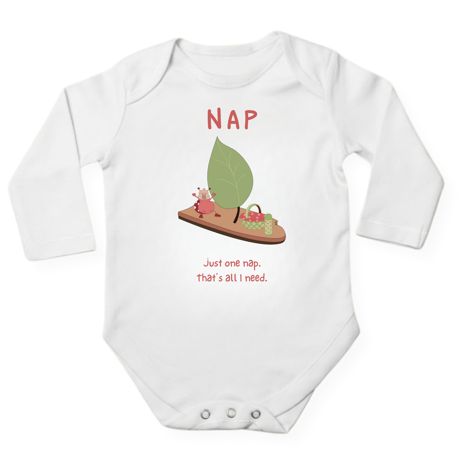 NAP baby bodysuit in white (0–6 months) with hand-drawn illustration by Justmimmi