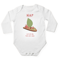 NAP baby bodysuit in white (0–6 months) with hand-drawn illustration by Justmimmi