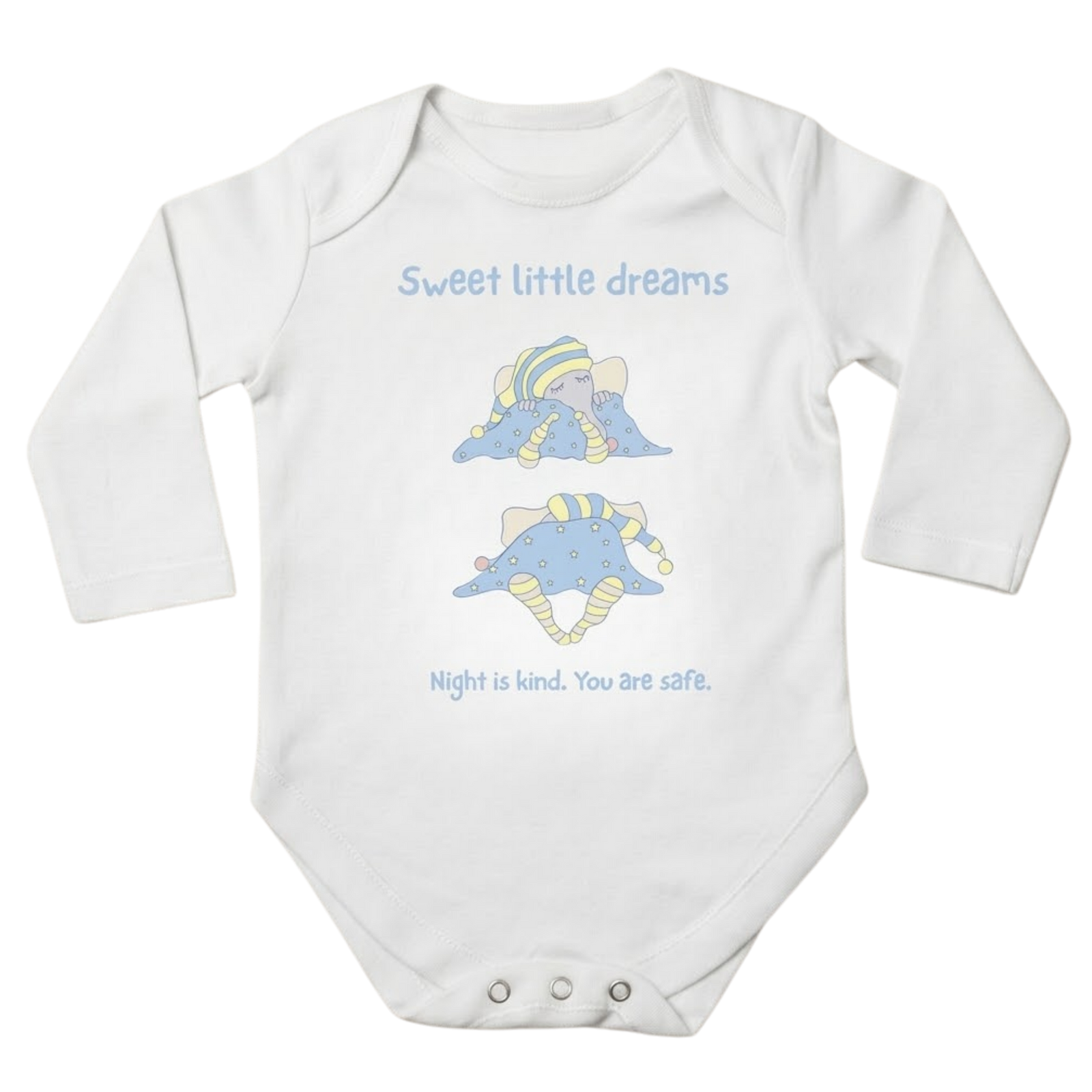 Sweet little dreams baby bodysuit in white (0–6 months) with hand-drawn illustration by Justmimmi