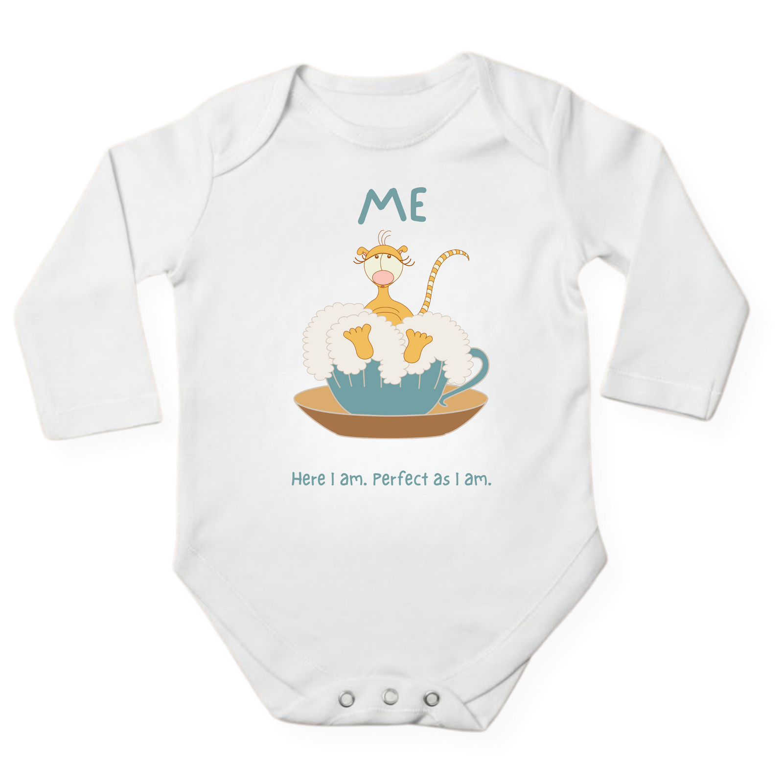 ME baby bodysuit in white (0–6 months) with hand-drawn illustration by Justmimmi