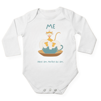 ME baby bodysuit in white (0–6 months) with hand-drawn illustration by Justmimmi