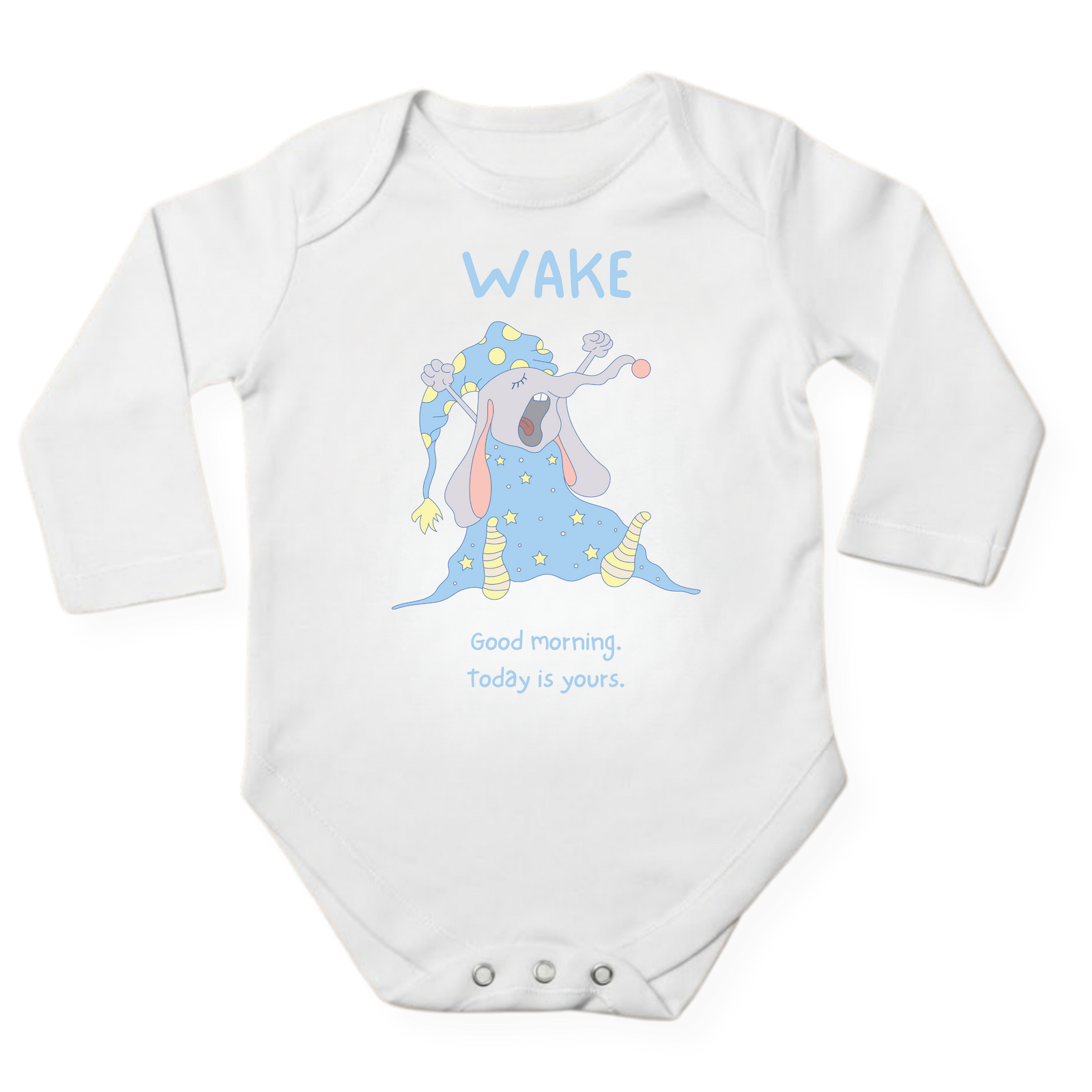 WAKE baby bodysuit in white (0–6 months) with hand-drawn illustration by Justmimmi