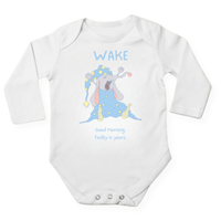 WAKE baby bodysuit in white (0–6 months) with hand-drawn illustration by Justmimmi