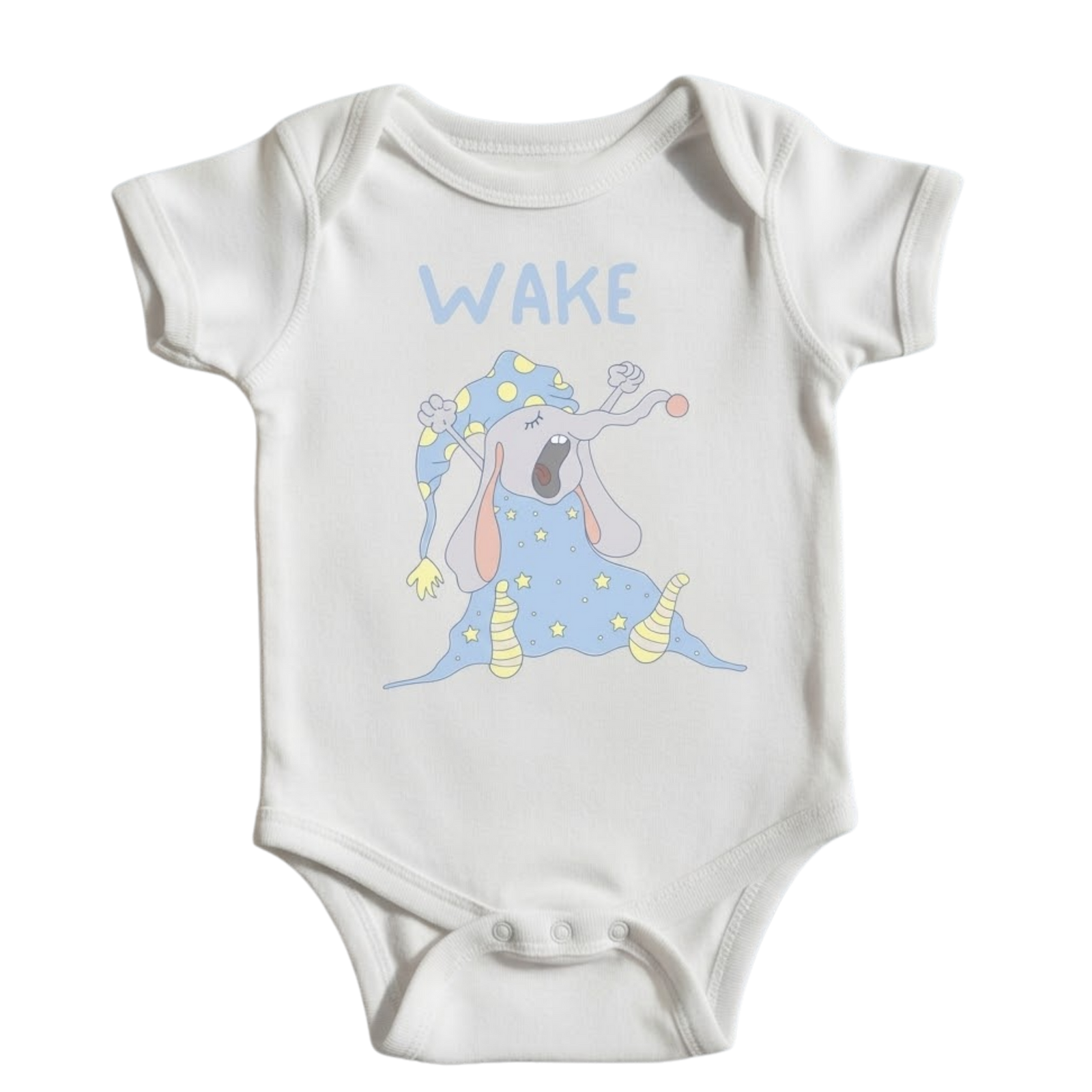 WAKE baby bodysuit in white (6–18 months) with hand-drawn illustration by Justmimmi