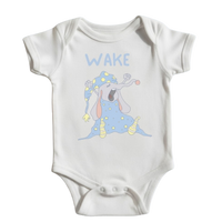 WAKE baby bodysuit in white (6–18 months) with hand-drawn illustration by Justmimmi
