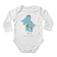 Bluebell baby bodysuit in white (0–6 months) with hand-drawn illustration by Justmimmi