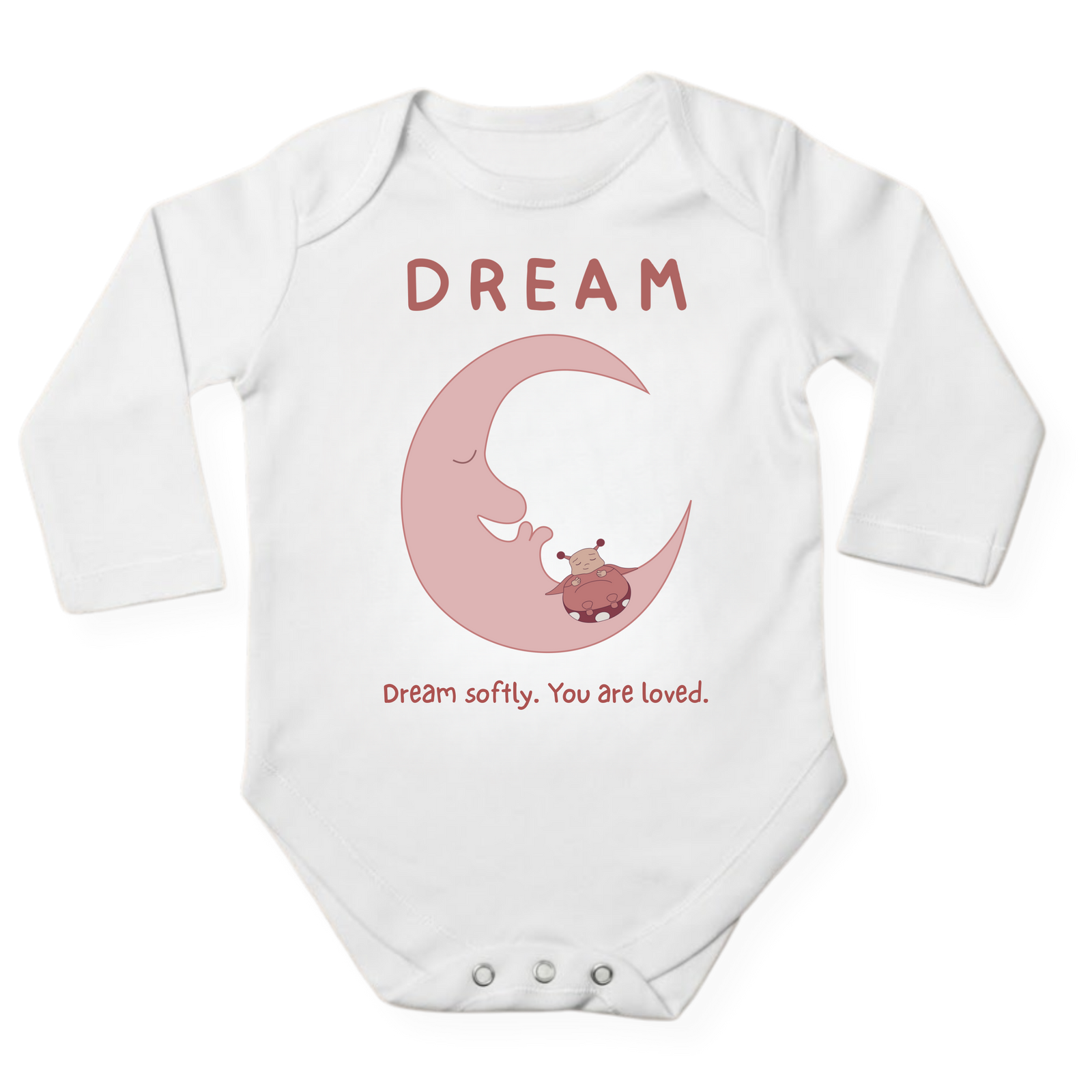 DREAM baby bodysuit in white (0–6 months) with hand-drawn illustration by Justmimmi