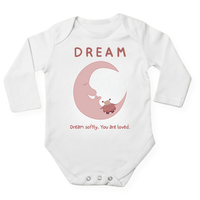 DREAM baby bodysuit in white (0–6 months) with hand-drawn illustration by Justmimmi