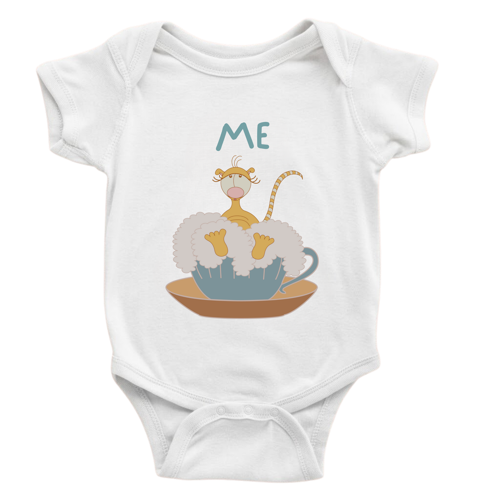 ME baby bodysuit in white (6–18 months) with hand-drawn illustration by Justmimmi