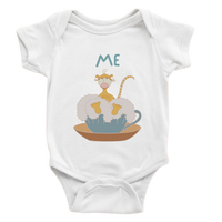 ME baby bodysuit in white (6–18 months) with hand-drawn illustration by Justmimmi