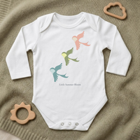 Birdsong baby bodysuit in white (0–6 months) with hand-drawn illustration from the Bloom collection by Justmimmi