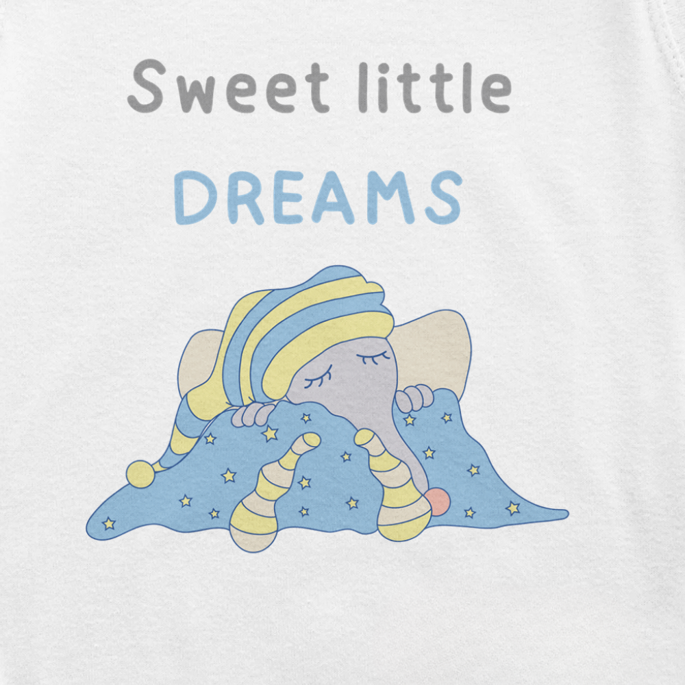 Close-up of the Sweet little dreams print on white baby bodysuit by Justmimmi