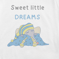 Close-up of the Sweet little dreams print on white baby bodysuit by Justmimmi