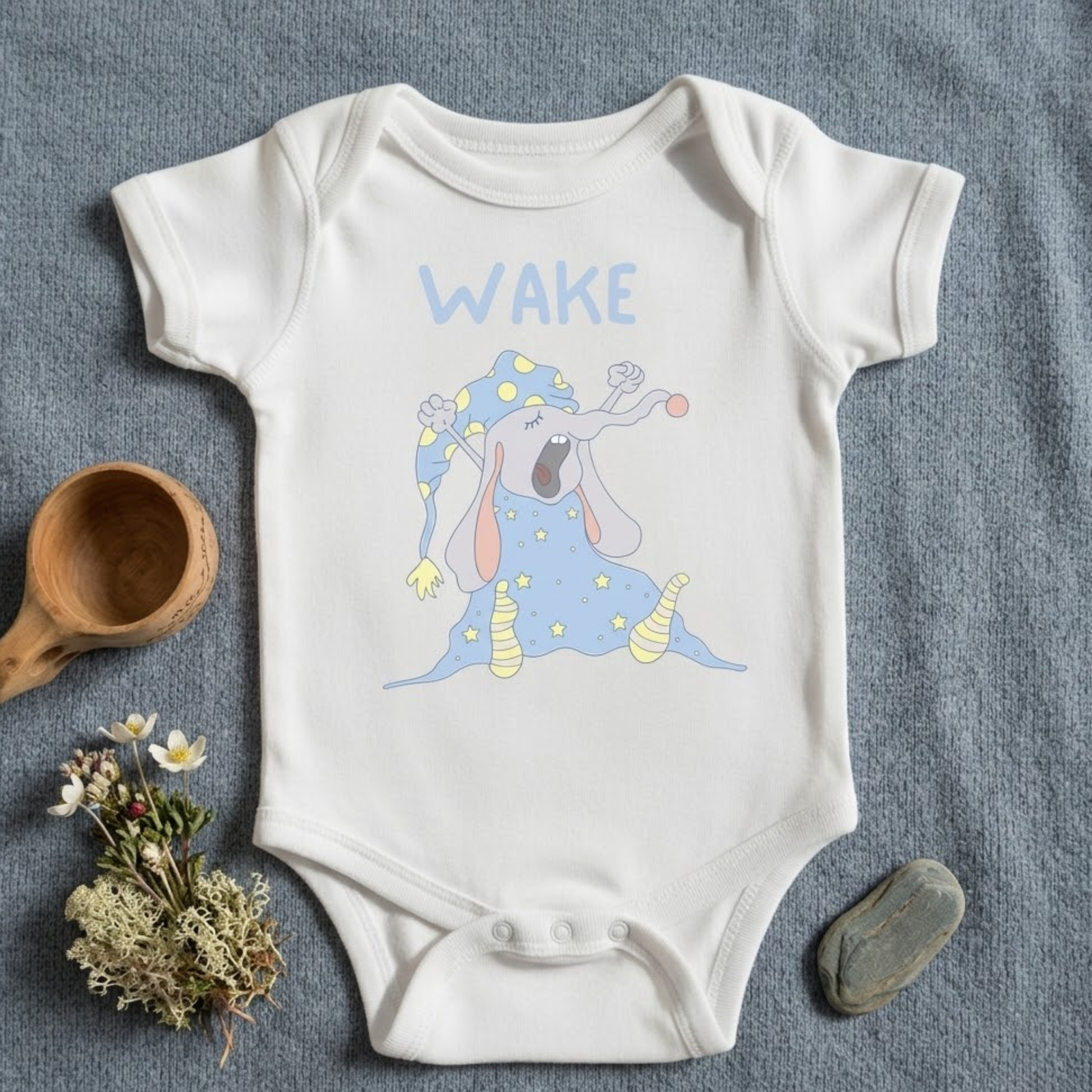 WAKE baby bodysuit in white (6–18 months) with hand-drawn illustration by Justmimmi