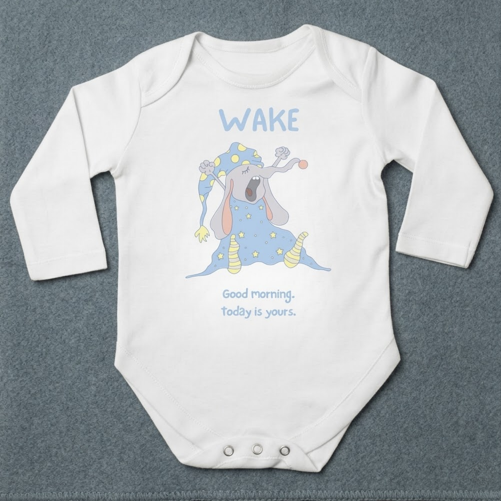 WAKE baby bodysuit in white (0–6 months) with hand-drawn illustration from the Bloom collection by Justmimmi