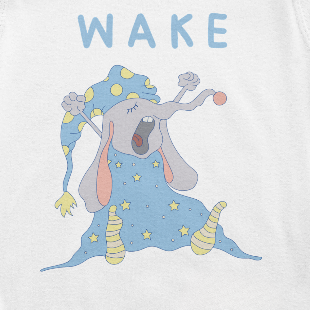 Close-up of theWAKE print on white baby bodysuit by Justmimmi
